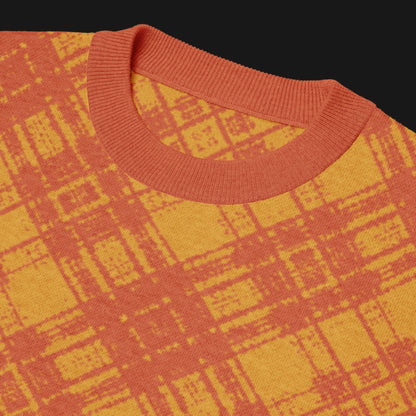 A pop punk orange glitched plaid pattern knitted tee