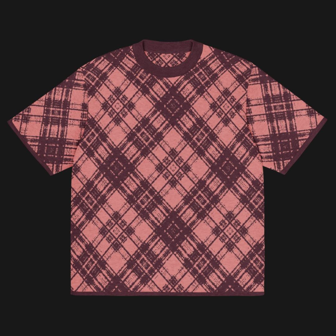 A burgundy and pink glitched plaid pattern knitted tee