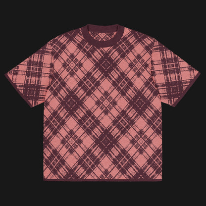 A burgundy and pink glitched plaid pattern knitted tee