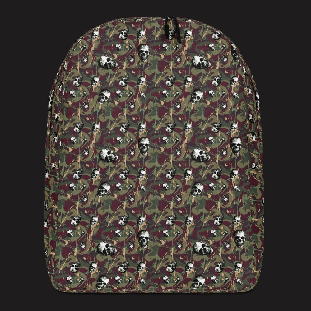a backpack with a camo and paint and gritty skulls pattern in burgundy and green