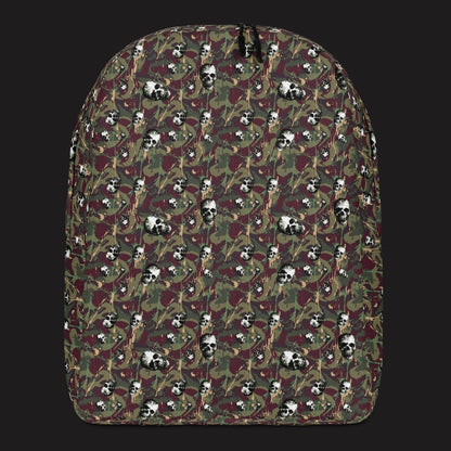 a backpack with a camo and paint and gritty skulls pattern in burgundy and green