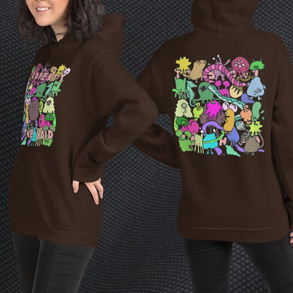 a person wearing a hoodie with front print a colorful horde of goblins and text "property of the void" and on the back, the goblins seen from the back