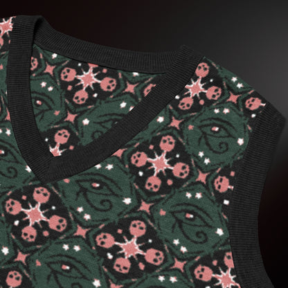 A knit vest with a mysterious eye and skulls pattern in pine green and pink
