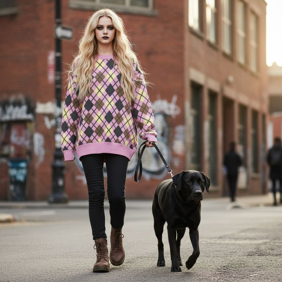 An alt style girl wearing a lilac based argyle pattern oversized knitted sweater walking a dog.