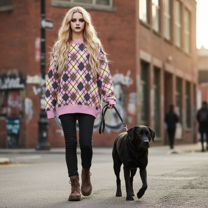 An alt style girl wearing a lilac based argyle pattern oversized knitted sweater walking a dog.