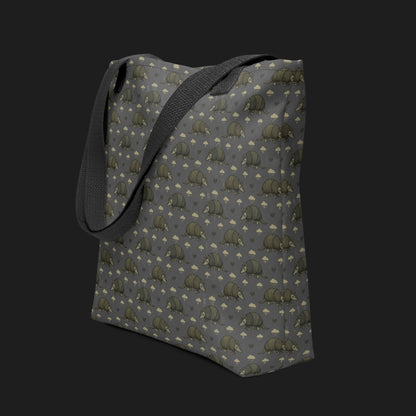 tote bag with an emo armadillo pattern with broken hearts and storm clouds in brownish grey