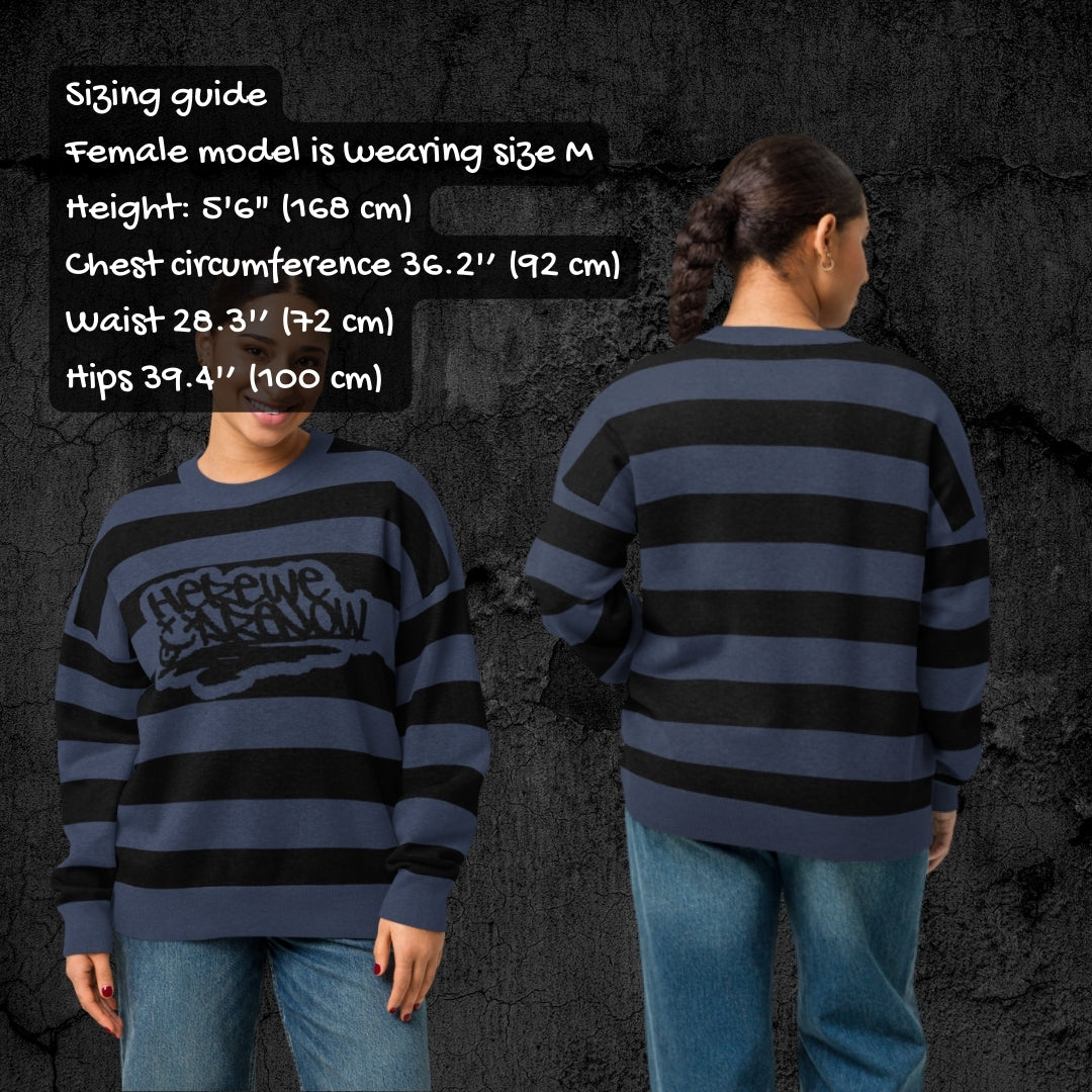 Two people wearing a blue and black striped grunge knitted sweater with sizing information displayed.