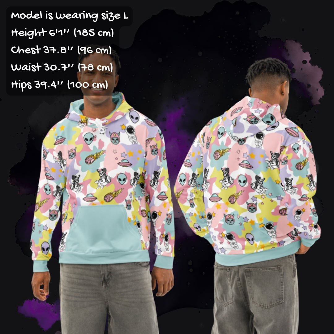Person wearing a colorful ice cream cosmos hoodie in maximalist y2k revival spacecore style.