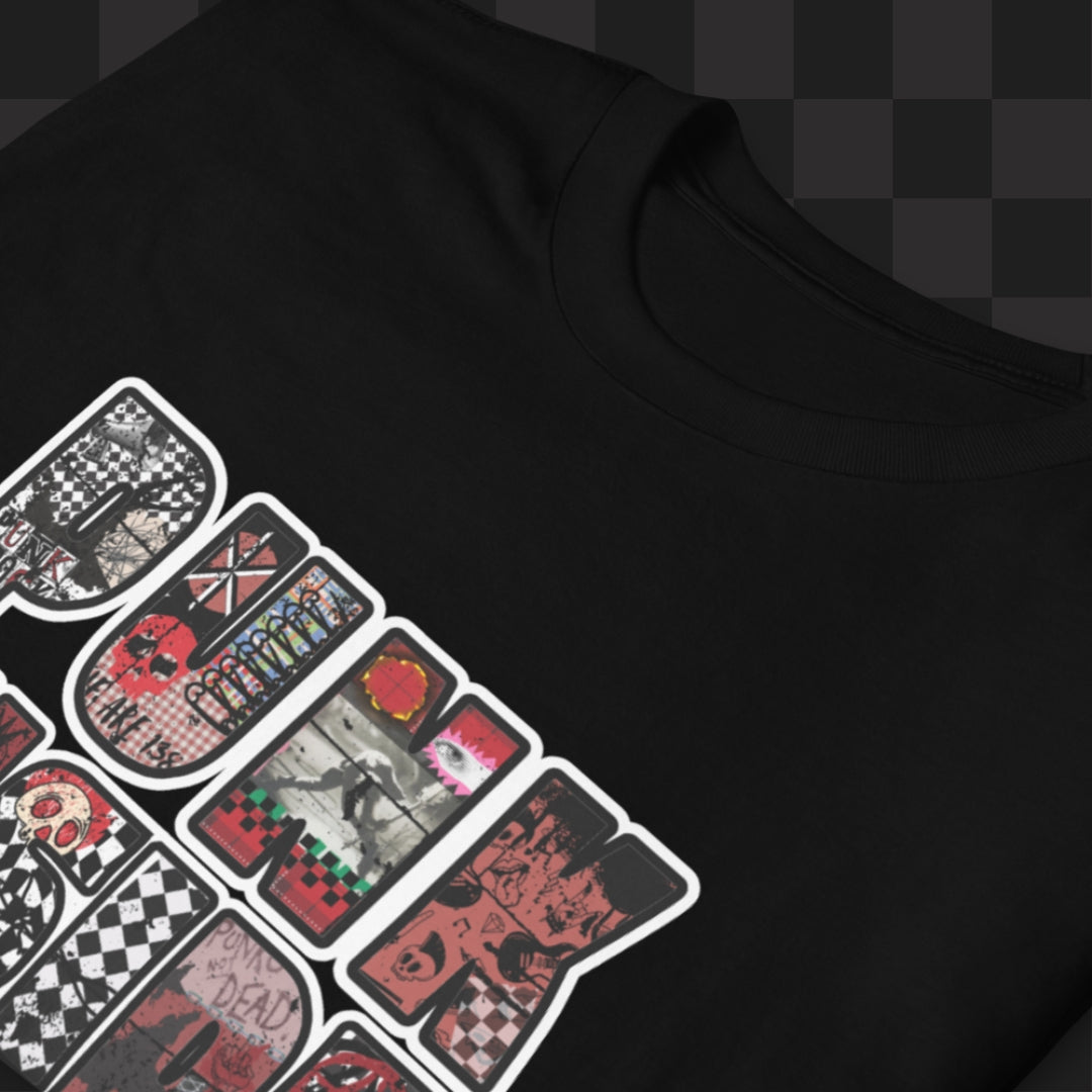 A black tee with large "PUNK INSIDE" text and the letters filled with punk symbols collage 