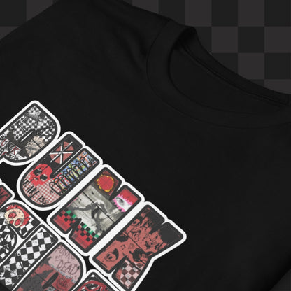 A black tee with large "PUNK INSIDE" text and the letters filled with punk symbols collage 
