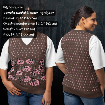 Person wearing a brown knitted vest with crying pink flowers and droplets with sizing info