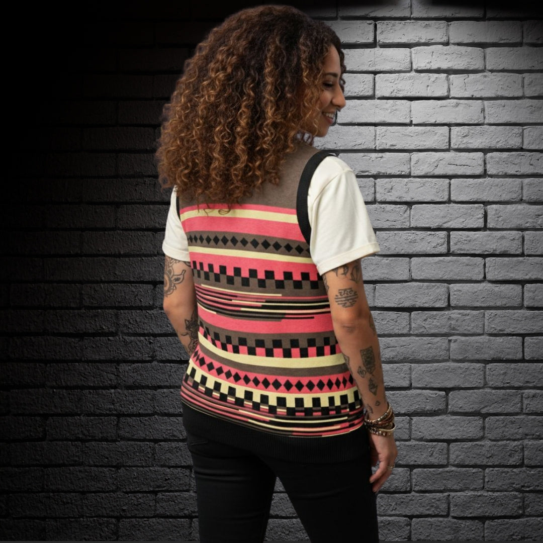 Person wearing an alt style knitted vest with an irregular unexpected pattern and cool color combination