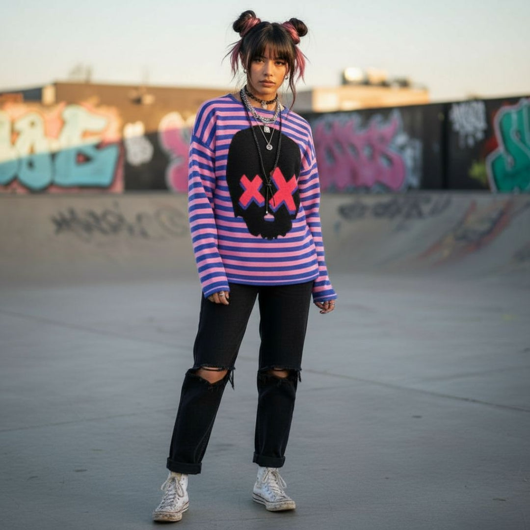 alt style girl wearing a striped blue and pink knit sweater with a large skull with x-eyes