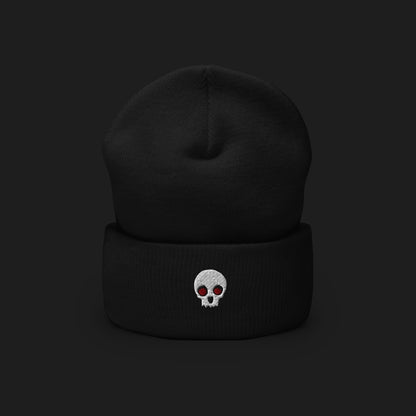 a cuffed beanie with a clean minimalistic skull embroidery