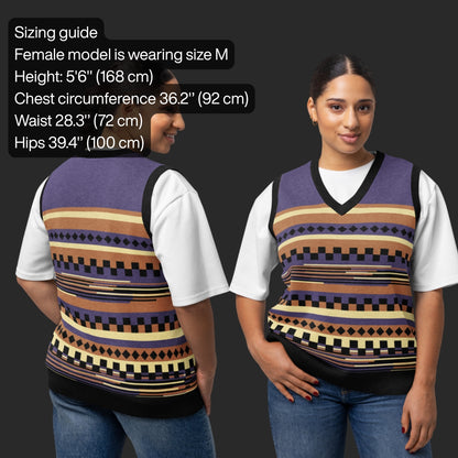 Person wearing an alt style knitted vest with an irregular unexpected pattern and cool color combination of purple and peanut brown, with a sizing guide. 