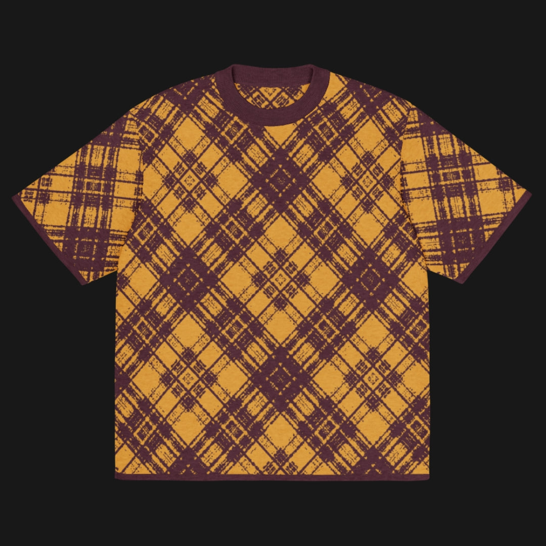 A burgundy and mustard glitched plaid pattern knitted tee