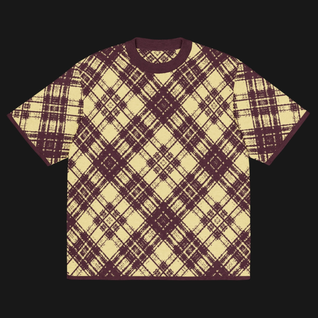 A burgundy and mellow glitched plaid pattern knitted tee