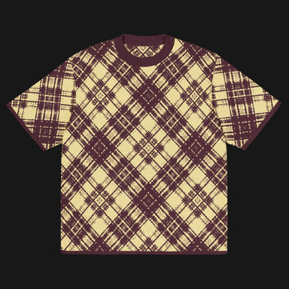 A burgundy and mellow glitched plaid pattern knitted tee