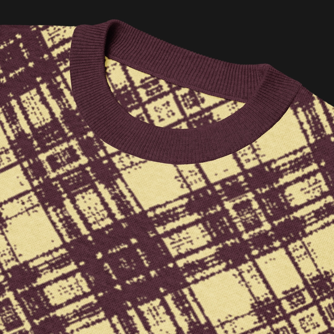 A burgundy and mellow glitched plaid pattern knitted tee