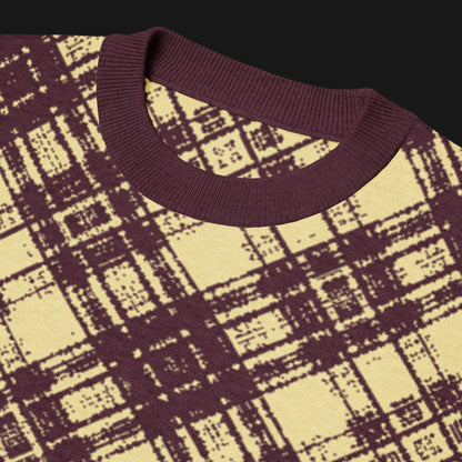 A burgundy and mellow glitched plaid pattern knitted tee