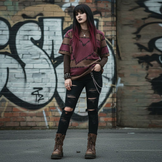 Alt person wearing a jacquard knitted tee in dark moody shades, featuring stripes and a large heart lined with barbed wire, over a long sleeve.