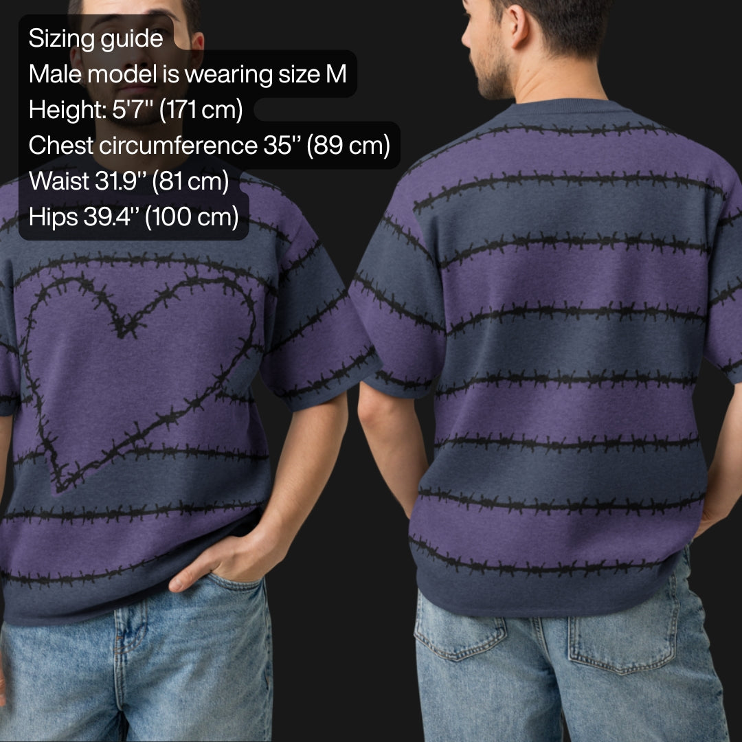 A jacquard knitted tee in dark moody shades, featuring stripes and a large heart lined with barbed wire