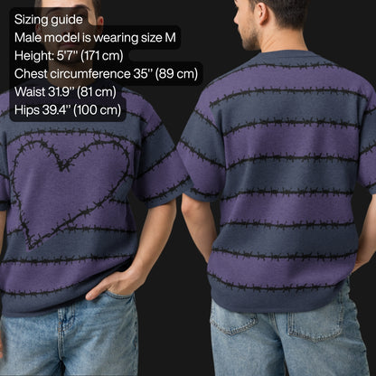 A jacquard knitted tee in dark moody shades, featuring stripes and a large heart lined with barbed wire