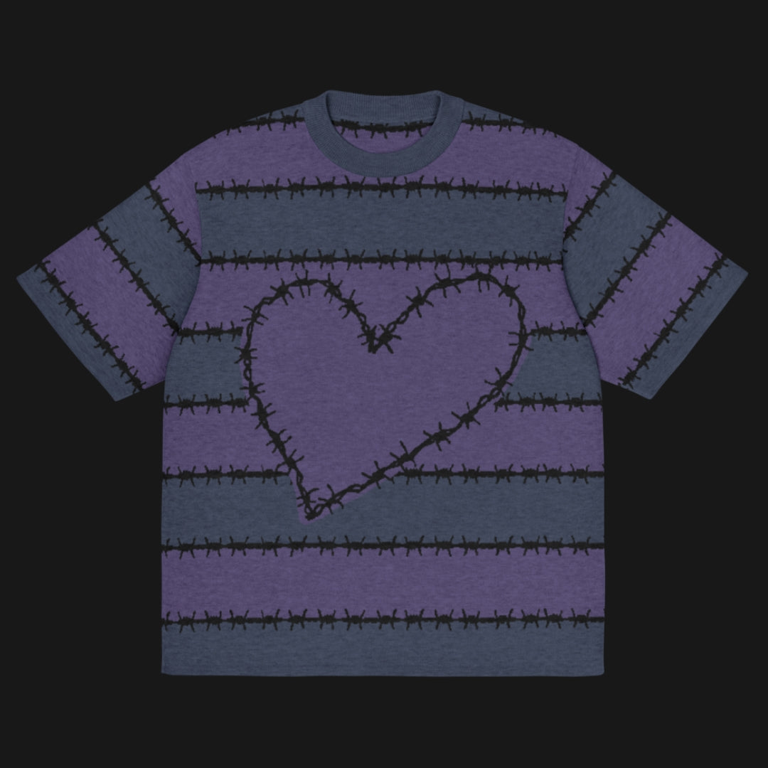 A jacquard knitted tee in dark moody shades, featuring stripes and a large heart lined with barbed wire