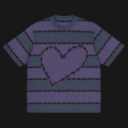 A jacquard knitted tee in dark moody shades, featuring stripes and a large heart lined with barbed wire