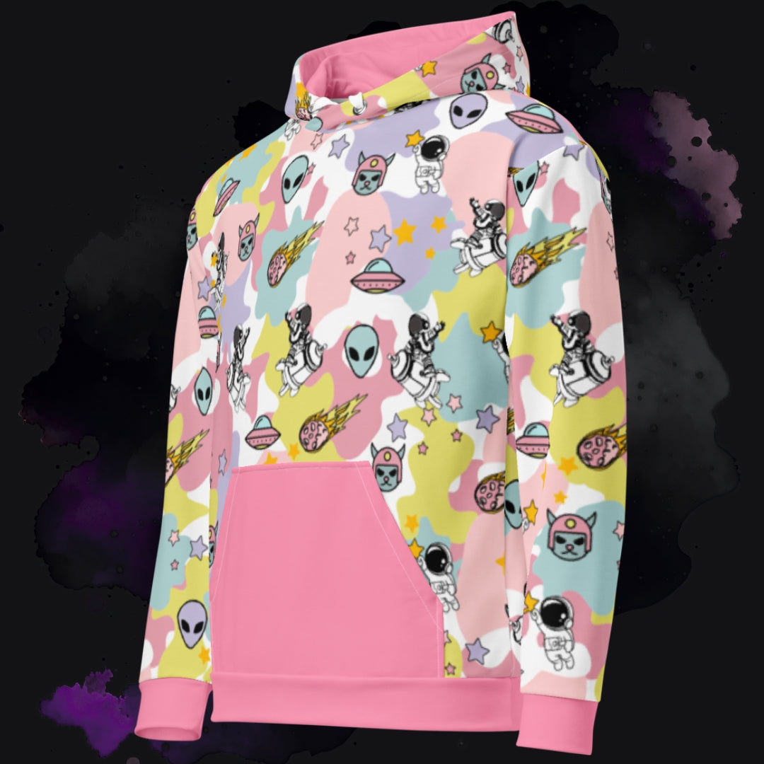 A colorful ice cream cosmos hoodie in maximalist y2k revival spacecore style.