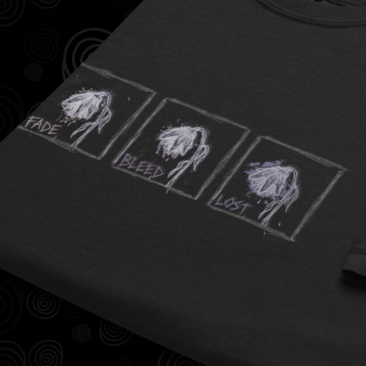 Black comfort colors 1717 tee with emo wilted flowers and words fade bleed lost