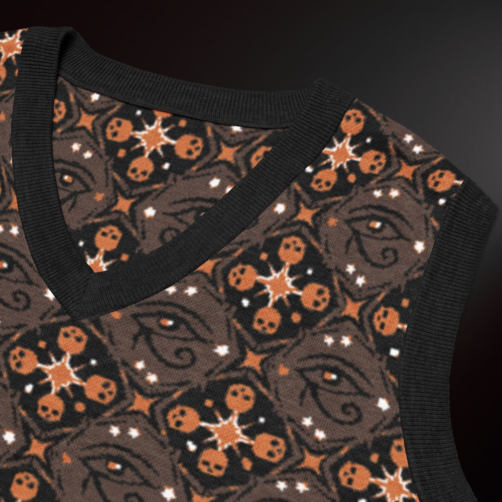 A knit vest with a mysterious eye and skulls pattern in brown and orange