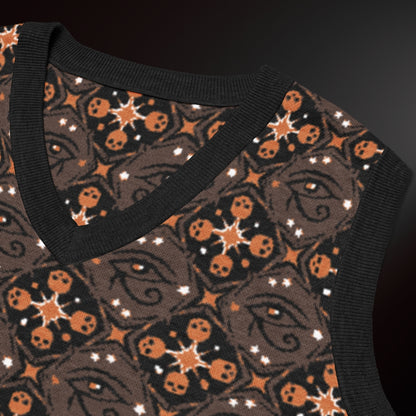 A knit vest with a mysterious eye and skulls pattern in brown and orange