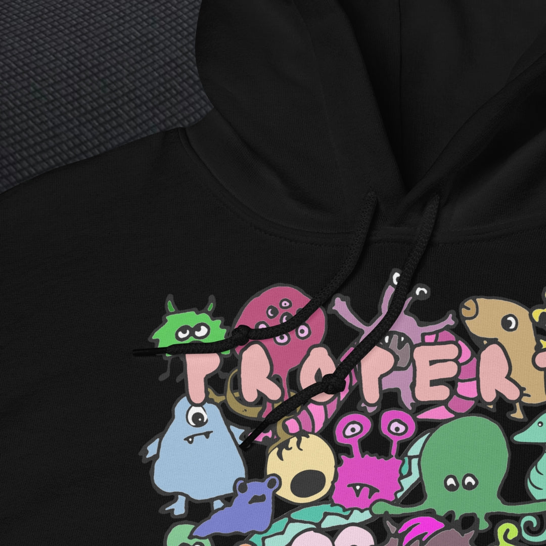 a Gildan 18500 hoodie with front print a colorful horde of goblins and text "property of the void" and on the back, the goblins seen from the back