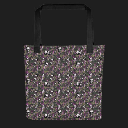 Tote bag with a rebellious camo background, gritty skulls, and purple paint splatter