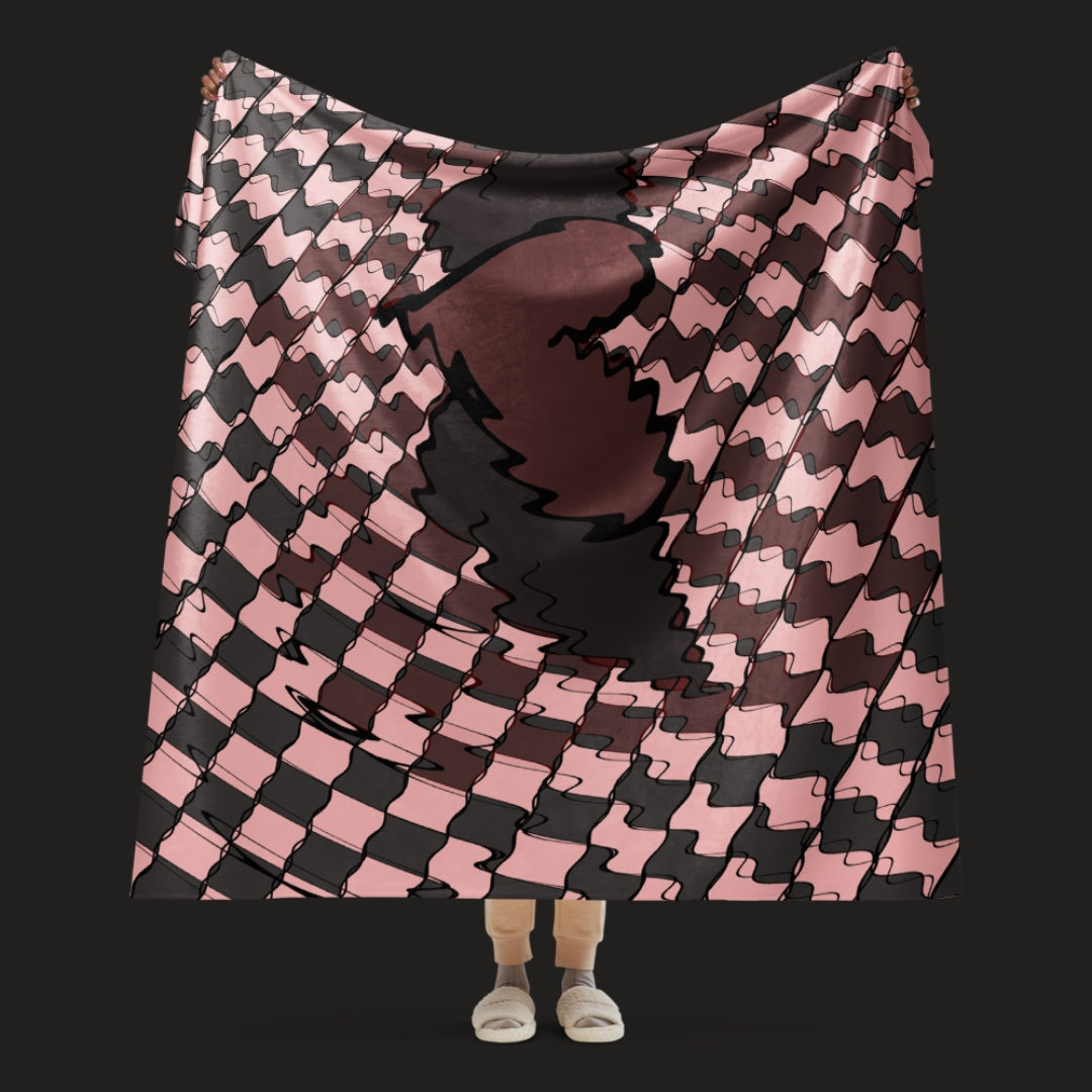 Distorted heart sherpa blanket with warped pink and black checker pattern, oversized emo aesthetic cozy throw