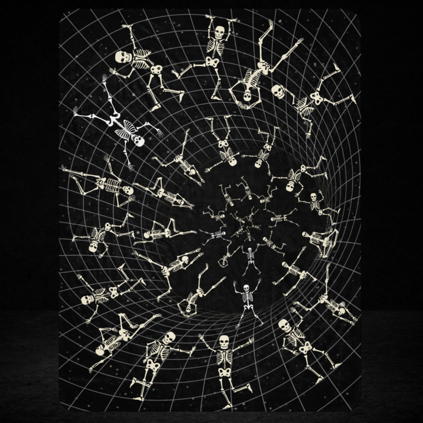 A large sherpa blanket with a vortex grid with skeletons clinging to it, falling and jumping into the void