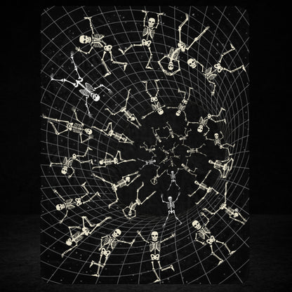 A large sherpa blanket with a vortex grid with skeletons clinging to it, falling and jumping into the void