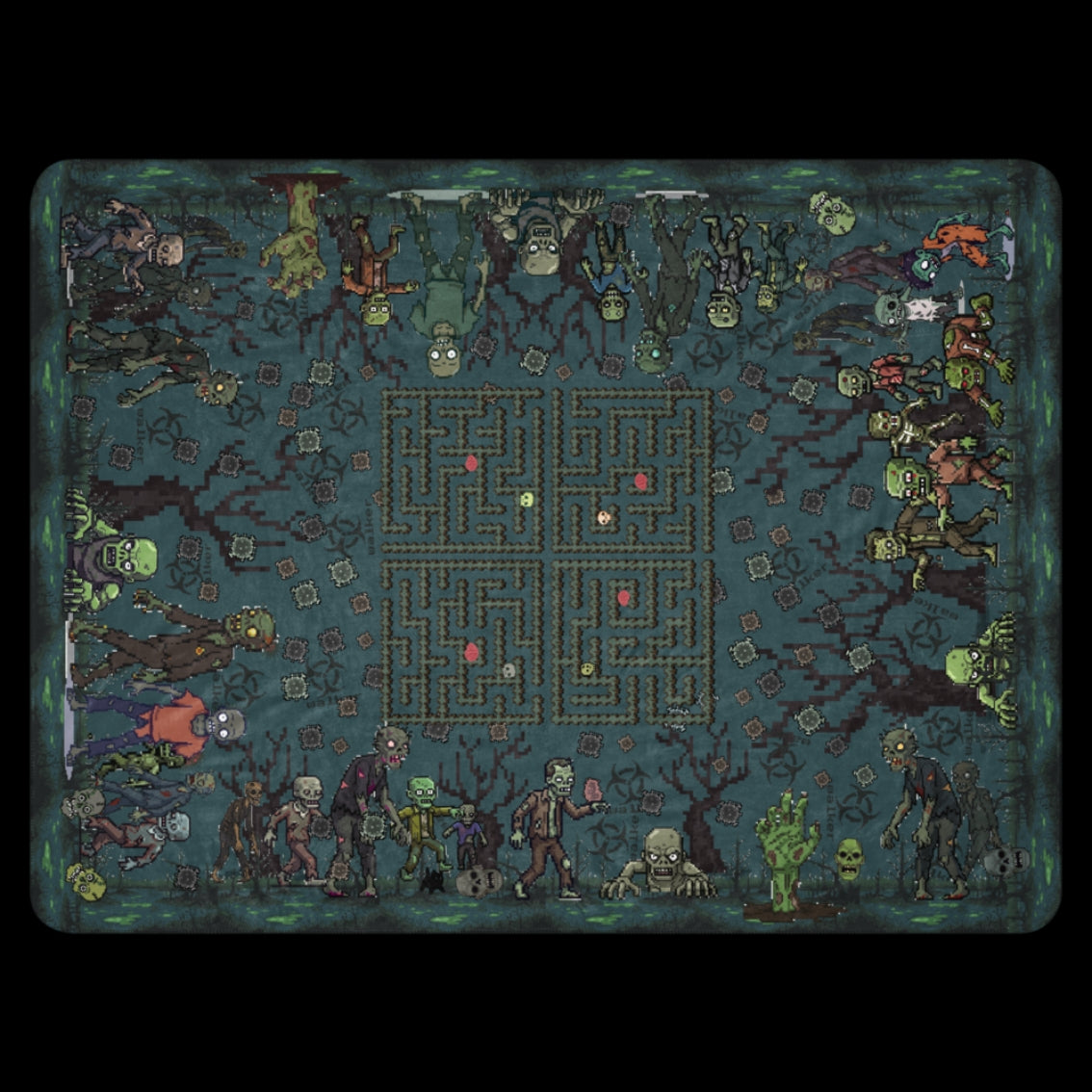 A large sherpa lined blanket featuring a zombie invasion and a maze for finding brains for the zombies