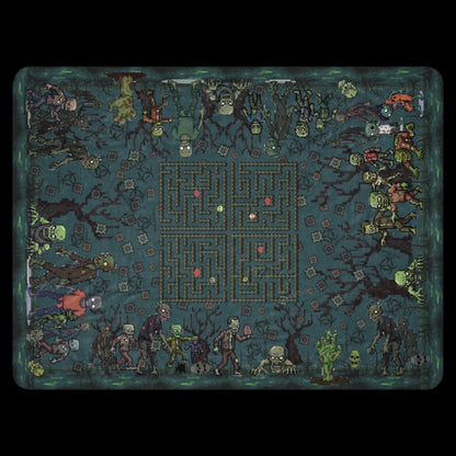 A large sherpa lined blanket featuring a zombie invasion and a maze for finding brains for the zombies