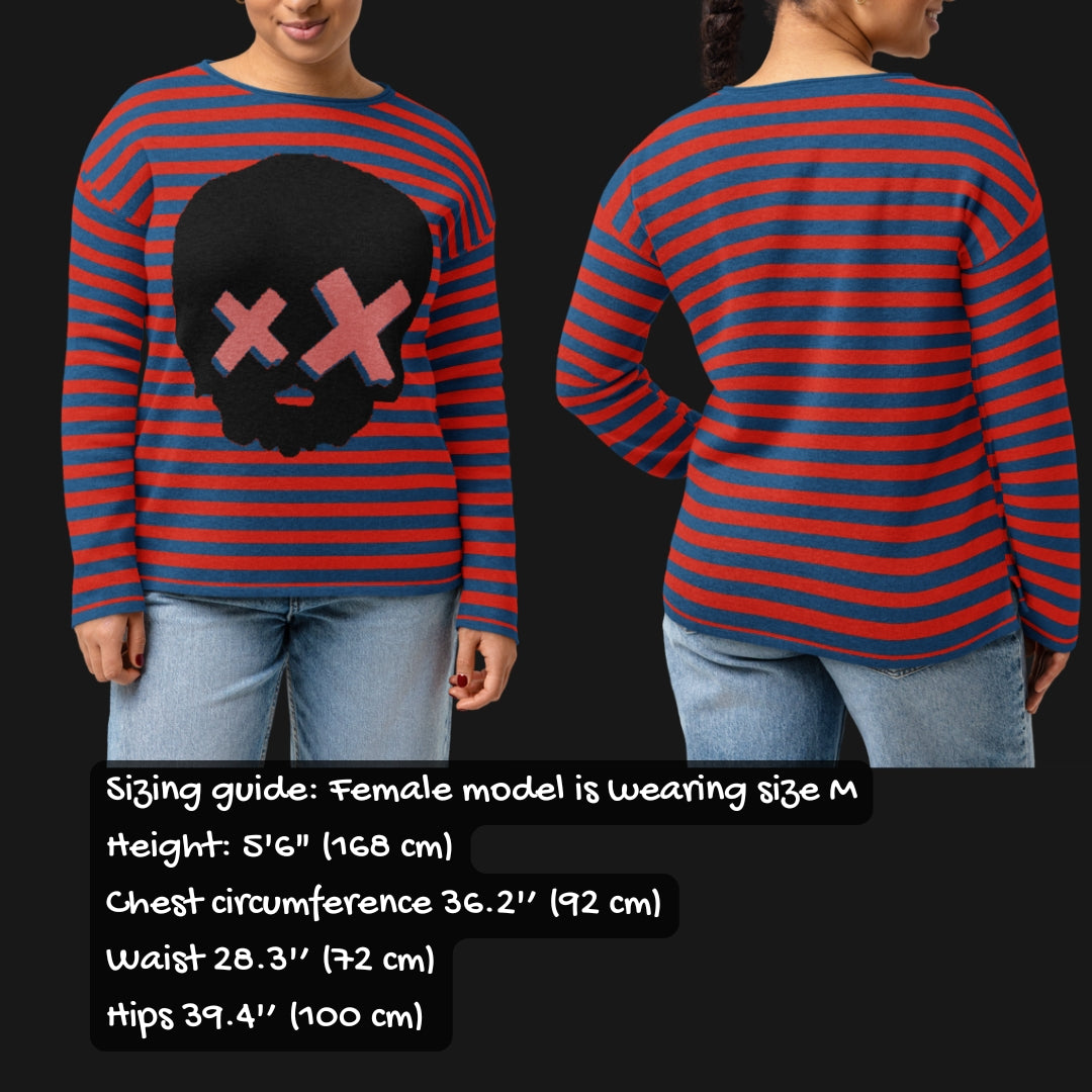 Red and blue striped sweater with a large x-eyed skull design, with sizing info