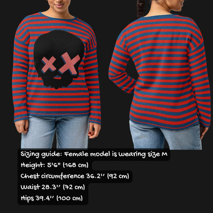 Red and blue striped sweater with a large x-eyed skull design, with sizing info