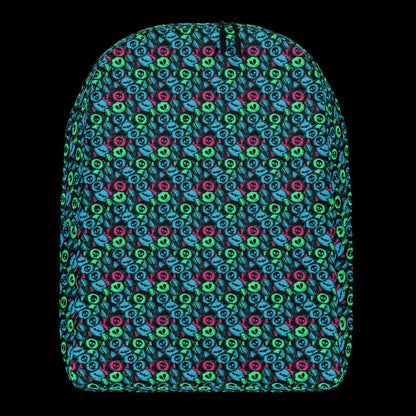 a backpack with an alt emo skull candy pattern in teal pink and green