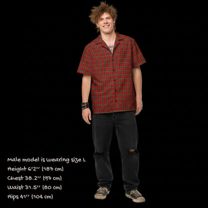 Alt style person wearing a traditional red punk tartan pattern short sleeve shirt with back print Punks not dead.
