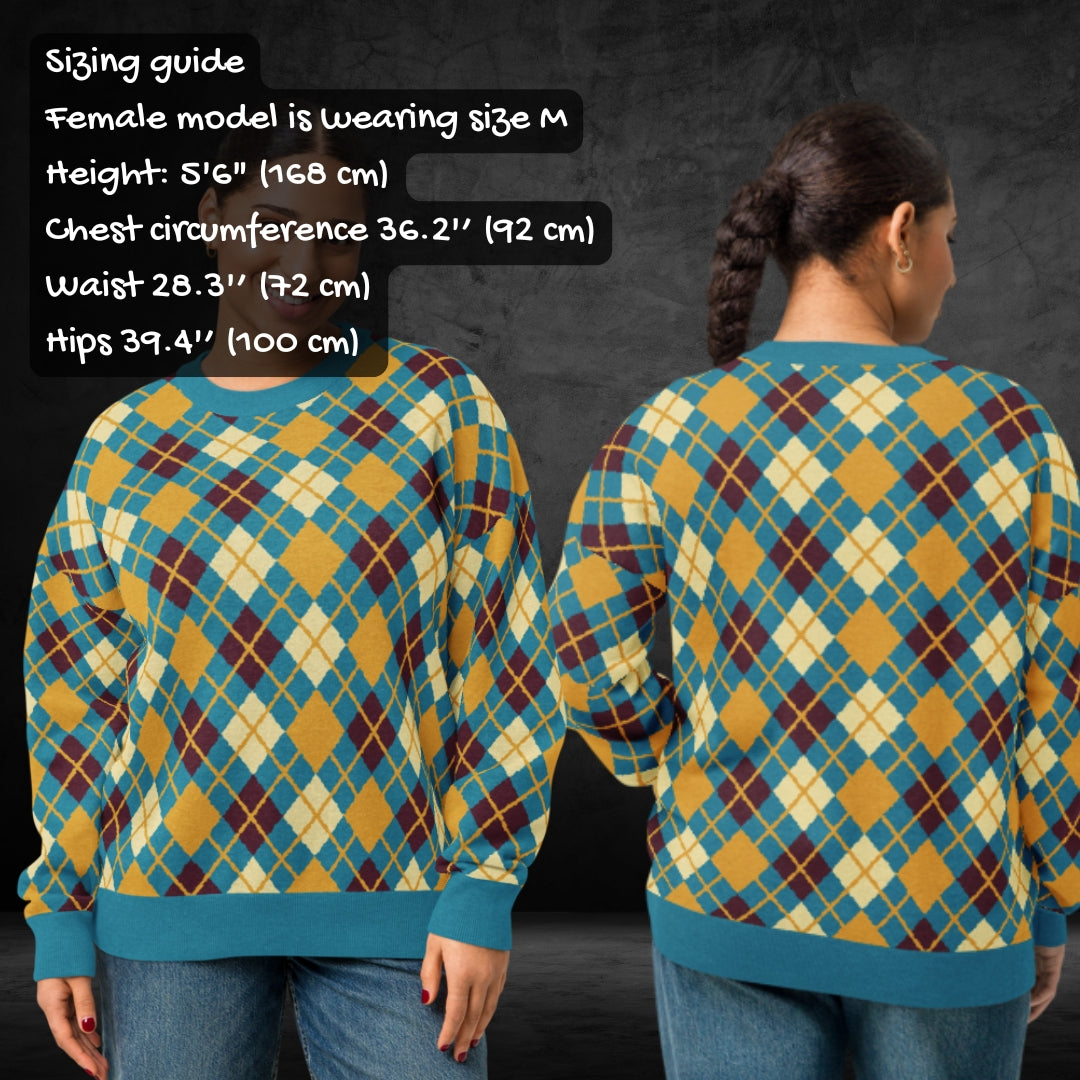 Person wearing a cyan argyle patterned sweater from front and back, with size guide information.