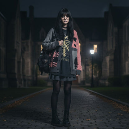 Emo girl wearing a pink & grey knitted cardigan over band t-shirt and grey pleated skirt