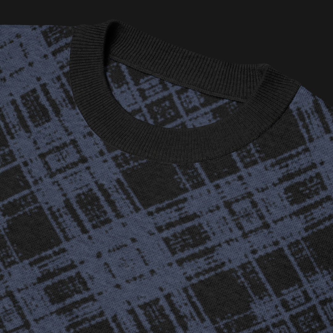 A dark black and blue broken plaid pattern knitted tee