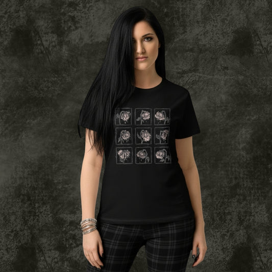 Person wearing a black Gildan 64000L tee with a grid of crying wilting flowers with soft pink details