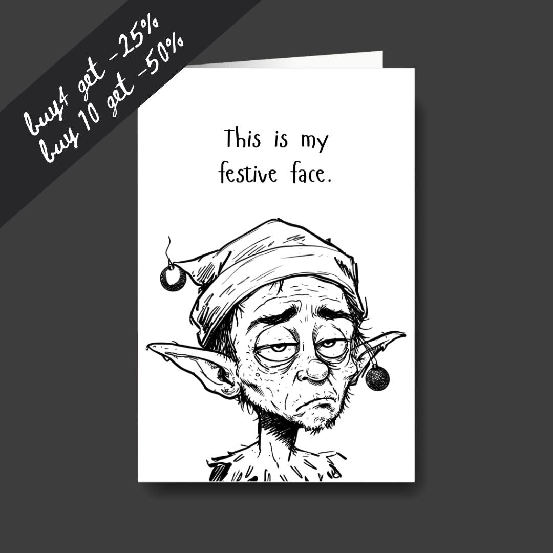 a tired elf sad Christmas greeting card