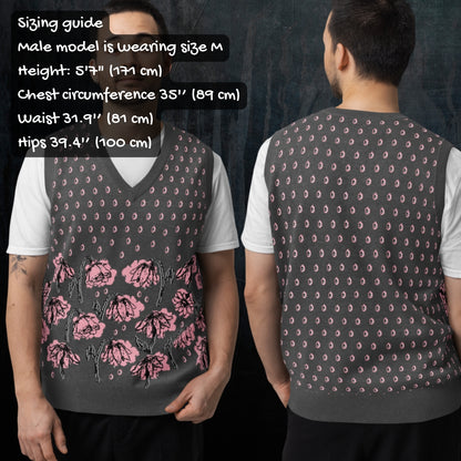 Person wearing a charcoal knitted vest with crying pink flowers and droplets with sizing info